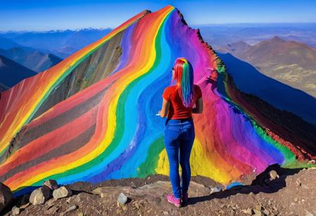 rainbow morph,1 female with rainbow-colored hair, standing on a mountainside, she is painting on a large paint board, creating a vivid and colorful rainbow that arches across the mountain landscape, the rainbow morphs into different hues and shapes, the art is fabulous, marvelous, and extraordinary, with intricate details and a sense of wonder, made out of rainbow