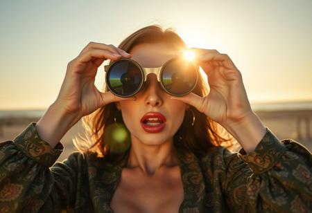 It is 7:30 am, the sun is shining brightly behind the head of a sexy pale skinned brunette woman, she has large breasts and is looking through binoculars at you, her eyes and the frames of the binoculars are comically big, her pupils are comically large, she is wearing a low cut vintage green & brown paisley blouse, the top button undone, one of her nipples is slightly visible, her mouth is agape and she is drooling, She can't believe what she's seeing you doing,