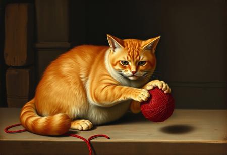 Long lost Leonardo da Vinci painting of a chubby ginger venetian cat playing with red threadball, 15th century Venice background