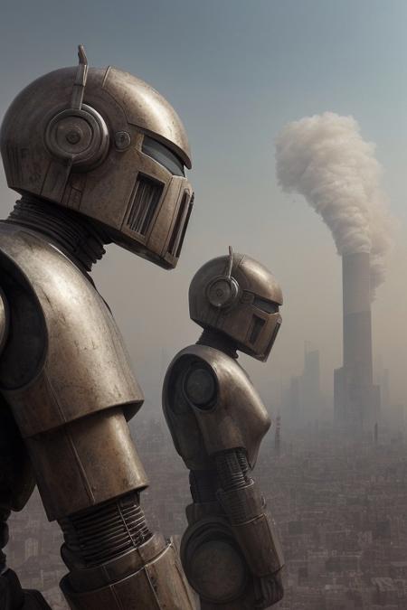 front side view, close-up, fantasy art, surrealism, grim, photorealism, hyger, a row of giant droids standing on a city wall, smog, epic, monumental, cinematic, mesmerizing, fine detail, close-up, dynamic, high detail, HDR, ultraHD, photorealistic