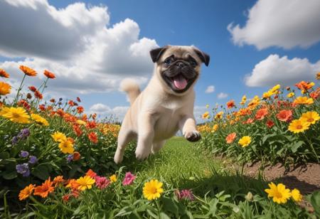 Highly detailed photograph of a pug puppy leaping through the air above a field of colorful flowers. Side view. Floppy ears, floppy tongue, big eyes, very cute, very happy, joyful. Blue sky with fluffy clouds. Bright sun, (god rays).