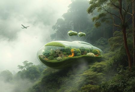 In a speculative drawing collage style, a biotech simbiogenetics bank micro ecotone is depicted as a sleek, fractal-like structure embedded within a lush, humid fog-filled environment. The compact symbiotic design, grounded in amphibious principles, features inflatable deployable structures that disperse seeds, vegetation buds, nutrients, and pollinators through various methods including ballistic, wind, and water. This intricate system is seamlessly integrated with atmospheric rivers, connecting the Amazonia Forest to the Chingaza Paramo, showcasing the interconnectedness of regional ecosystems in a highly detailed, wide background.