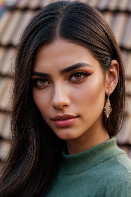 photo of (EPHud43lmuft1:0.99), closeup portrait, perfect hair, (modern photo, Bag: A crystal-embellished clutch in a matching green hue.), 24mm, (analog, cinematic, film grain:1.3), ((distribution centers, pumice stone,rammed earth,green roofing roof,steel, bioluminescent jellyfish, wall washers (exterior), gradient:1.1)), ((detailed eyes)), ((eyeliner, long lashes)), (epicPhoto), long eyelashes, (perfect waist), (painted lips)