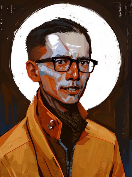 (A_Rostov_Style:0.7) <lora:DE_Alexander_Rostov-06:0.9>, illustration, portrait, skinny man with round, thin glasses, Asian appearance, wearing an orange jacket, flirty dynamic pose, rough brush strokes, soothing tones, calm colors, art by greg rutkowski and artgerm, (intricate details:1.12), hdr, (intricate details, hyperdetailed:1.15)