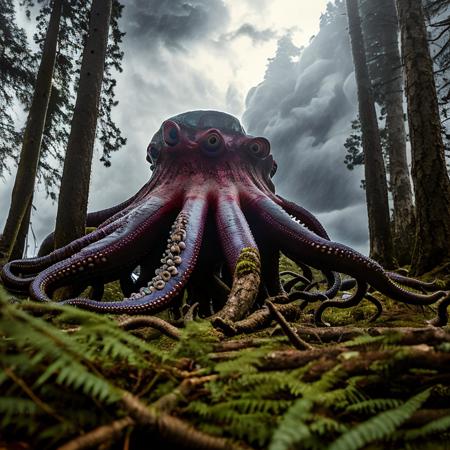 A monster octopus creature eye looking down in the stormy sky, viewed from ground level, character with backpack in pinetree forest viewed from behind.