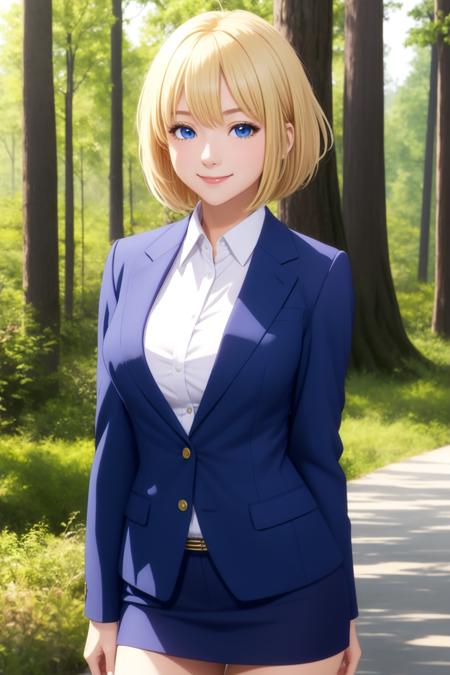 (masterpiece, best quality,) 1girl, anime screencap, 
short hair, blue eyes, blonde hair, suit jacket, large breasts, sweater, smile, 
forest,