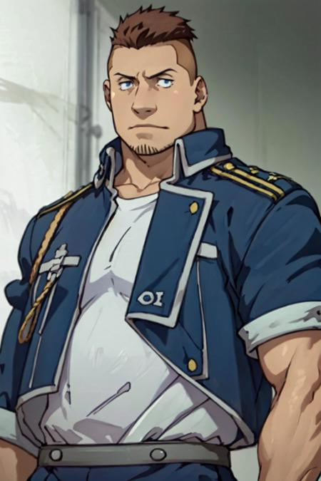 (1 image only),  solo male,  1boy,  Heymans Breda,  Fullmetal Alchemist,  anime,  2D,  blue eyes,  brown hair,  short hair,  high fade,  stubble,  handsome,  chubby,  open blue military uniform,  white shirt,  manly,  hunk,  masculine,  virile,  confidence,  charming,  alluring,  upper body in frame,  perfect anatomy,  perfect proportions,  8k,  HQ,  (best quality:1.5,  hyperrealistic:1.5,  photorealistic:1.4,  madly detailed CG unity 8k wallpaper:1.5,  masterpiece:1.3,  madly detailed photo:1.2),  (hyper-realistic lifelike texture:1.4,  realistic eyes:1.2),  high_resolution,  picture-perfect face,  perfect eye pupil,  detailed eyes,  perfecteyes,  perfecteyes,  dutch angle,<lora:EMS-498-EMS:0.400000>,<lora:EMS-286469-EMS:0.800000>