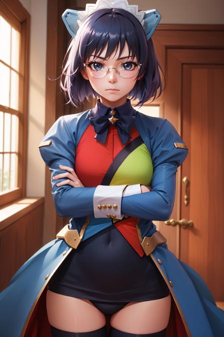 (masterpiece, best quality:1.2), <lyco:os-tan_2k-tan-10:1.0>, cowboy shot, solo, 1girl, 2k-tan, expressionless, closed mouth, looking at viewer, crossed arms, maid headdress, glasses, puffy sleeves, long sleeves, blue thighhighs