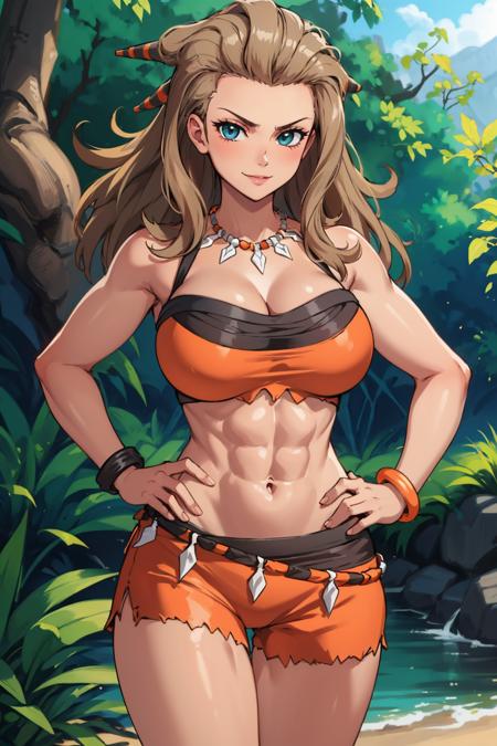 masterpiece, best quality, <lora:sada-nvwls-v1-000009:0.9> pkmnSada, hair ornaments, necklace, orange crop top, orange shorts, bracelet, large breasts, cleavage, furrowed brow, smile, hands on hips, standing, looking at viewer, jungle, toned, tan, cowboy shot, thighs