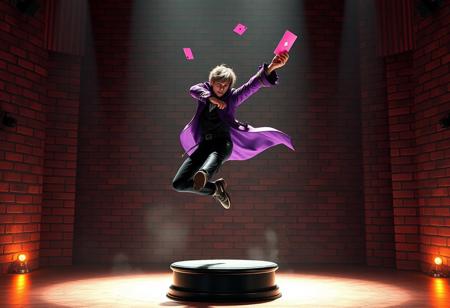 Highly detailed acrobatic magician in dynamic mid-air pose, juggling pink card & black staff, elaborate purple & black costume, on spotlighted stage base, gritty red brick wall backdrop. 4K, Unreal Engine 5, Octane render, dramatic lighting, cinematic, Golden Ratio, Artstation trending, Splash Ink illustration.