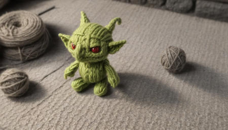 <lora:dungeons_and_dragons_xl_v2:0.3> <lora:Yarn_XL-000014:0.6> a knitted  goblin, In a knitted d&d dungeon