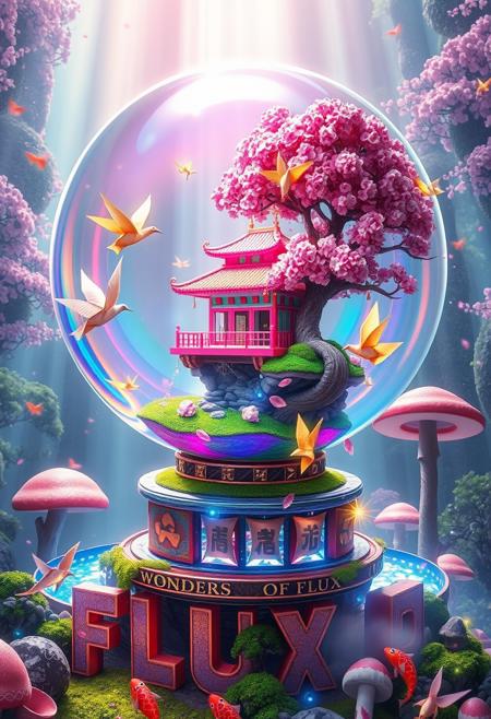 Behold a dazzling digital dreamscape where reality bends and imagination soars! At its heart, a colossal soap bubble gleams with iridescent rainbows. Inside, a topsy-turvy Japanese pagoda floats, its candy-striped silk walls and golden origami cranes cascading from the roof.
Perched atop a floating island of neon-green grass, surrounded by cherry blossom trees with cotton candy blooms, the scene is alive with swirling pink petals. A cheeky bonsai tree with a kaleidoscope of leaves grins widely, while firefly fairies flit about.
The bubble rests on a contraption of polished copper and glowing gemstones, teetering on oversized moss-covered blocks spelling "WONDERS OF FLUX." A moat of liquid starlight encircles the scene with leaping origami koi fish, set against a backdrop of an enchanted forest with ice cream tree trunks and giant mushrooms. Prismatic light shafts reveal mischievous cloud sheep in a sky shifting from bubblegum pink to electric blue. The entire composition pops with a riot of electric purples, lime greens, sunset oranges, and cerulean blues.