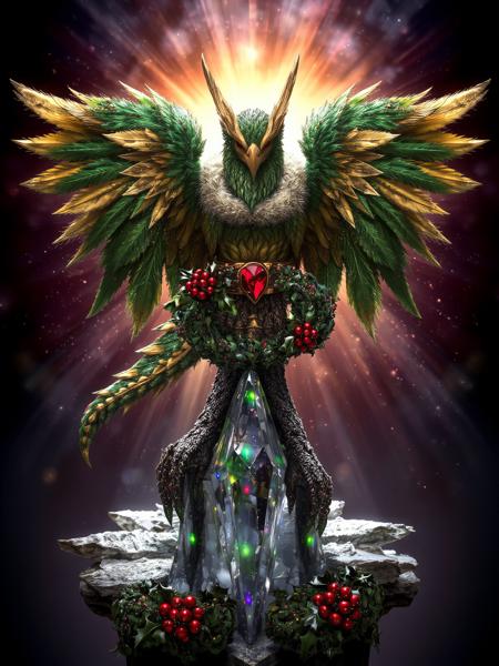 A majestic griffon with feathers that shimmer in emerald and gold, adorned with a fur-lined cape clasped with a ruby-encrusted buckle. Its talons are wrapped in metallic holly wreaths, and its tail ends in a cluster of glowing berries. It perches atop a crystalline spire surrounded by an ethereal aurora, radiating both power and holiday magic