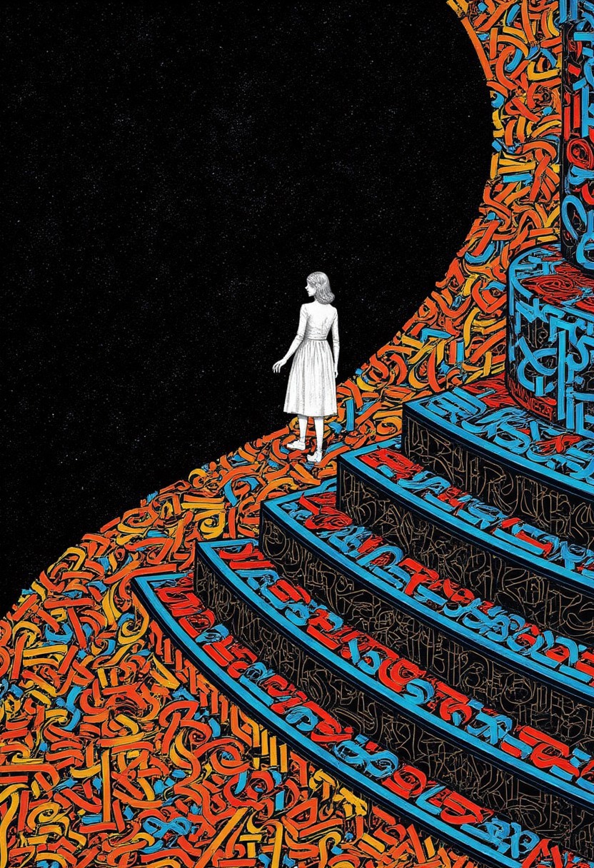 A woman, dressed in a white dress, stands at the base of a vividly colorful platform made entirely of interconnected letters. The letter in hues of red, blue, and yellow intertwine chaotically, forming a staircase that ascends into an unknown darkness. The woman gazes outward hesitantly, at the stark black starry background.