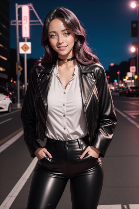 looking at viewer, smile, blush, mature female, fwpaulina, black leather jacket, white shirt, pants, choker, neon lights, night, <lora:FWPaulina_6812:1>, hands on pockets