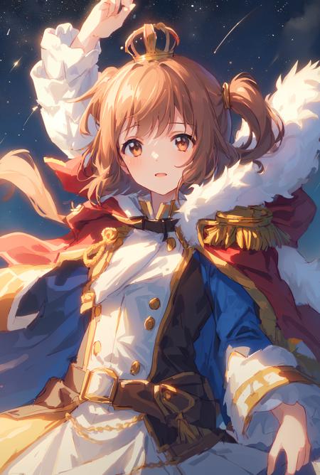 1girl, boots, brown_eyes, brown_hair, cape, epaulettes, fur-trimmed_jacket, fur_trim, grin, hand_on_hip, holding, holding_sword, holding_weapon, jacket, jacket_on_shoulders, letterboxed, looking_at_viewer, mini_crown, red_cape, red_jacket, saber_\(weapon\), short_hair, simple_background, single_stripe, smile, solo, standing,