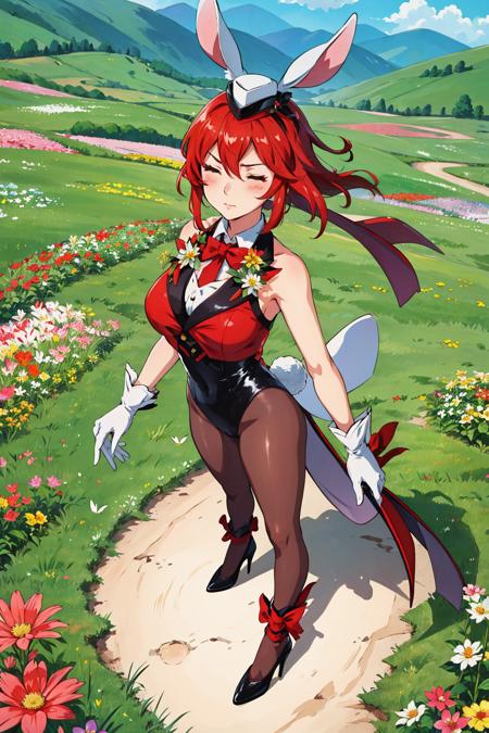 masterpiece, best quality, minerva, fake bunny ears, leotard, hat, rabbit tail, white gloves, brown pantyhose, high heels, large breasts, looking at viewer, standing, from above, blushing, serious expression, closed eyes, flower field <lora:minerva-nvwls-v1-000010:0.9>