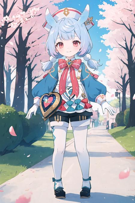 sigewinne \(genshin impact\) low twintails, animal ears, white gloves, red bowtie, nurse cap, aqua dress, white apron, heart-shaped bag, black shorts, white pantyhose, fold-over boots