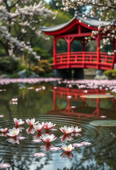 Pond in a Japanese garden, plum blossoms, floating plum blossoms, water ripple effect, Red wooden bridge, 
beautiful view, depth of field, masterpiece, best quality, 8k, ultra-detailed, very aesthetic, superb composition, finest details, intricate details, absurdres, high contrast, ray tracing, Volumetric lighting