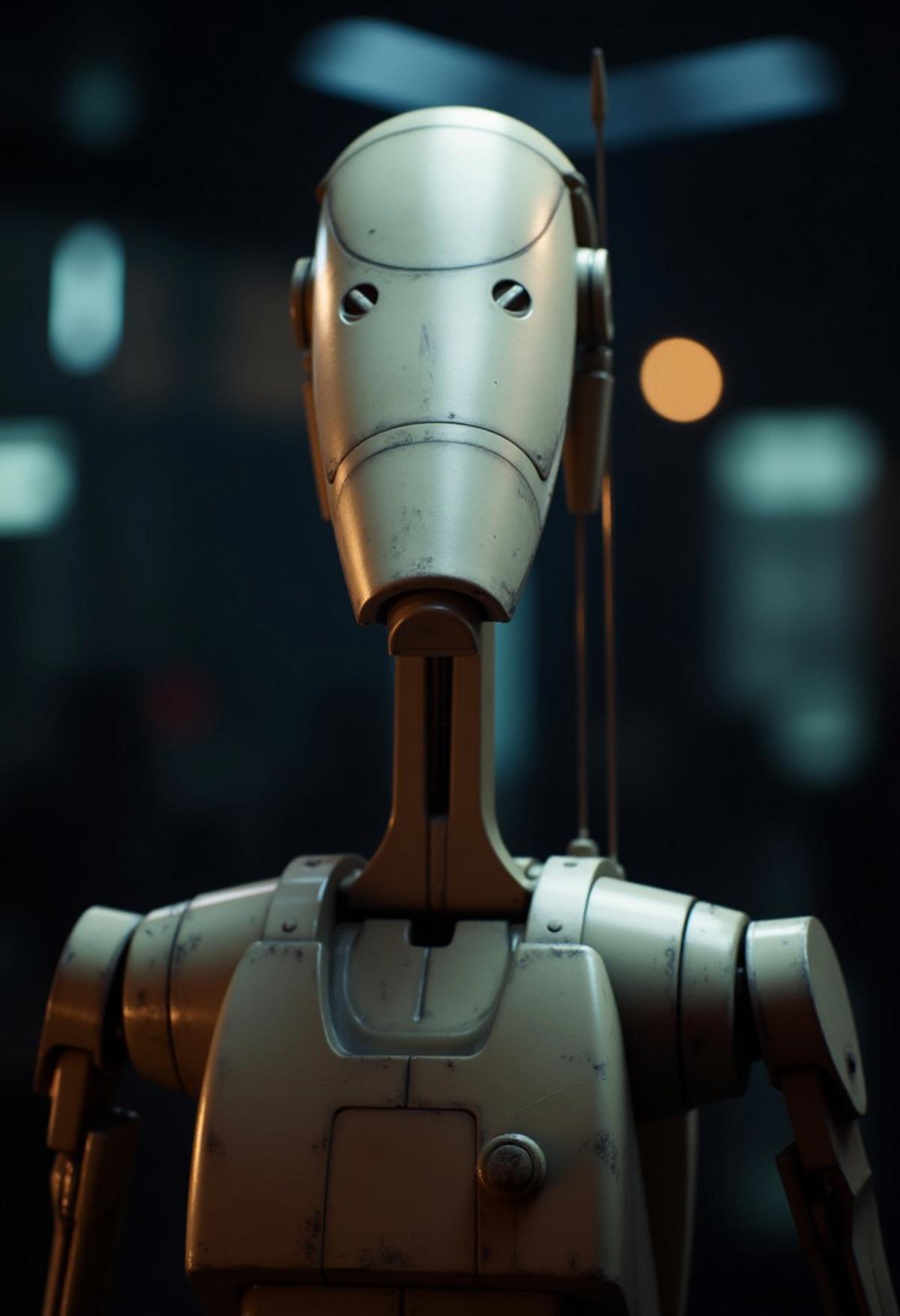 7-B1 droid, portrait, blurred background, glowing lights, dark lighting, robot, medium close up