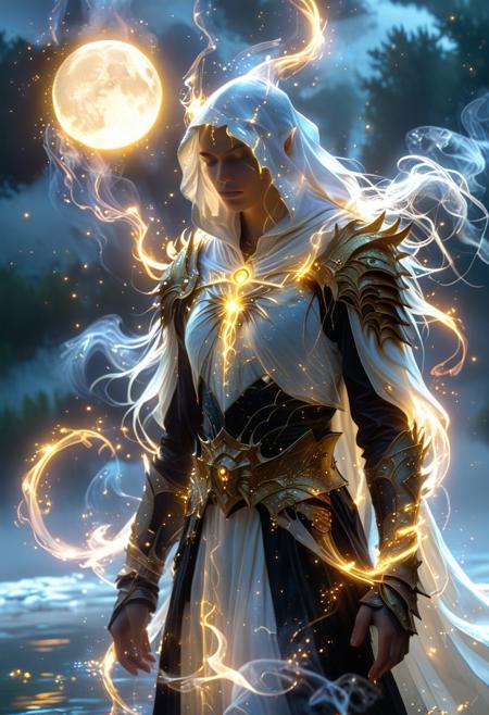 Surreal, under moon light,  Fairy armor, cloak of darkness, hood up, glowing, nothingness,( Misty:1.2),( water vapor:1.2), soul, magic, casting spell, soul out of body, white shadow in the back, ghost shadow, smoke, supernatural, an cinematic shot, dragon:werewolf clad in black and gold armor, dynamic pose, dynamic angle, fighting stance, dark forest, eerie, spectral, ghostly, yellow glowing eyes, Cosmic heartbeat thrumming resonant pulse echoes chamber luminous radiance pulsing prismatic kaleidoscope energies colliding fusing alchemy pure bliss transcendent union two souls merged inseparably intertwined fabric space-time. Glowing aurora borealis undulates graceful sinuous movements mesmerizing dance particles light refracted spectra visible spectrum compressed infinitesimal pinprick singularity contains universes birthing stars dying civilizations worlds yet dreamed conceived. At core pulsating rhythm drives universal clock measure eons aeons measured cosmic inflationary epochs  infinity mirrored eternity repeating themes motifs archetypes defining narratives arc story epic adventure spanning galactic empires rising falling like seasons year round. concept-art, adventure, characters, fantasy, whimsy, dreaminess, colorfuldetailed, dark fantasy aesthetic, low contrast, art, masterpiece