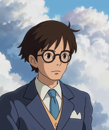 boy, solo, short hair, brown hair, shirt, black hair, brown eyes, jacket, white shirt, upper body, necktie, sky, glasses, day, collared shirt, cloud, cloudy sky, blue necktie
<lora:ghibli_anime_v1:0.7>