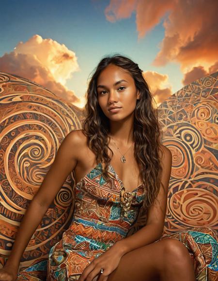 A photo realistic woman on an island sitting in a polynesian themed abstract environment