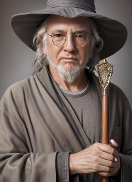 photo of  ld1, man, as Gandalf the Grey: Long gray robe, wide-brimmed hat, staff, flowing gray beard, pointy boots, photorealistic painting,  portrait, stunningly attractive(extremely detailed 8k wallpaper), highly detailed face, intricate, 8k, highly detailed, volumetric lighting, digital painting, intense, sharp focus, art by artgerm and rutkowski and alphonse mucha, cgsociety,  vibrant, dynamic atmosphere, photorealistic, closeup <lora:LarryDavid:1>