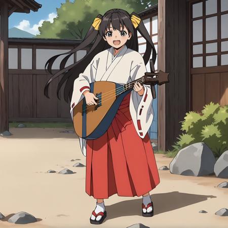 Hikaru,1girl,black brown hair,two -side up,hair ribbon,long hair,black eyes, miko,japanese clothes,ribbon-trimmed sleeves, red hakama,