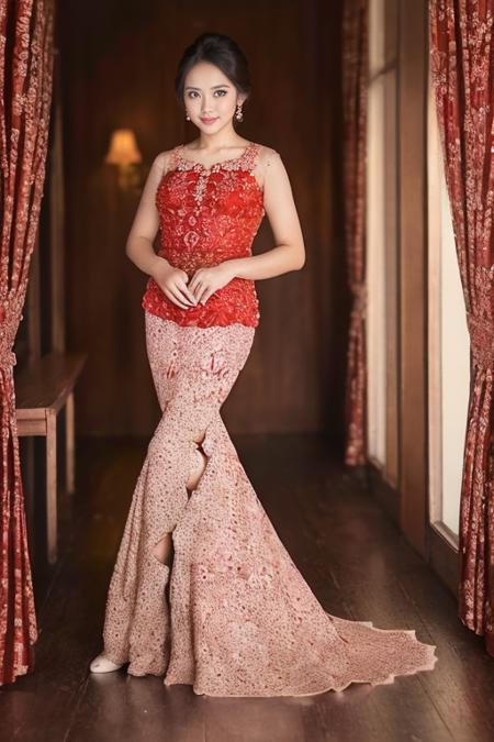 ((looking at camera)), detailed face, 1girl, solo, fashi-girl, mature girl, cute, sweet, a girl wearing kebaya,red kebaya and red floral pattern straight skirt,  <lora:kebaya:1> <lora:henLoraV5:0.6>,