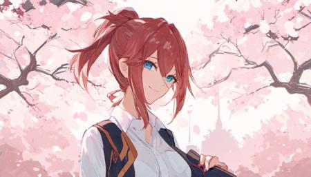 1girl, looking at viewer, smile, closed mouth, red hair, blue eyes, white shirt, pleated skirt, school uniform, ponytail, cherry blossoms, upper body, cityscape, upper body, masterpiece, best quality