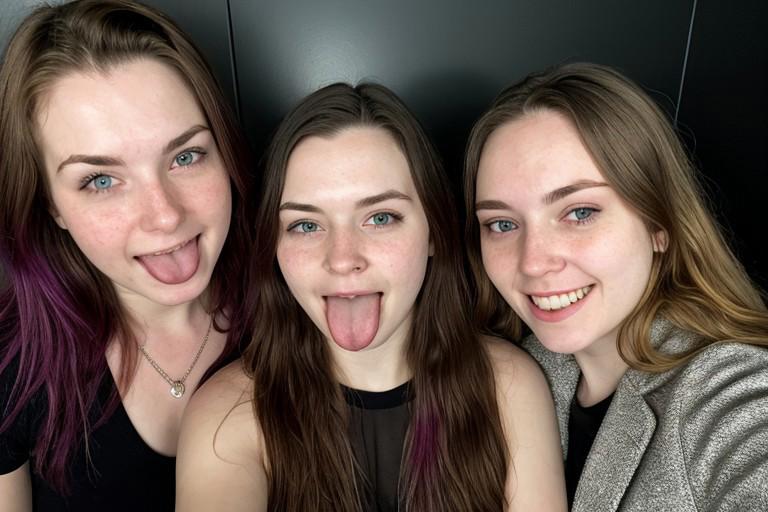 reddit,r/18_19, r/Gonewild18, bad aesthetic photo of three beautiful women, (hair color:1.2), smiling, detailed face, night, dark, focus lighting,face close-up ,black background, looking at viewer and facing viewer,tongue out,tongue,(freckles,acne:0.8), moles on their face
bathroom background ,tile wall, elfie