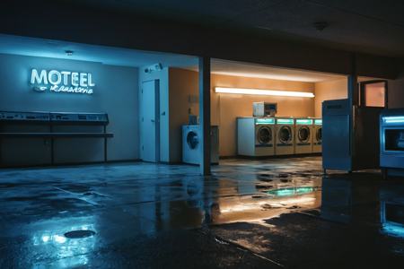 score_9, score_8_up, score_7_up, rating_safe, source_anime, digital art, photo-realistic, liminal space, night scene, eerie atmosphere, solo, empty laundromat, washateria interior, glowing fluorescent lights, reflections on linoleum floor, coin machines, vending machine dimly lit, distant hum, slightly flickering ceiling light, motel in background through large window, glowing neon motel sign, deep blue night sky, subtle fog, wet pavement outside, isolated setting, nostalgic, dreamlike, cinematic, analog photography aesthetic, subtle film grain, soft shadows, warm interior glow contrasting with cold exterior  
 <lora:add-detail-xl:1>