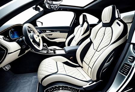 The very grande interior of a futuristic car, showcasing full leather trim in exquisite detail. The seats are hand-stitched in black and gray leather, with deep tufting and polished caron fiber an aluminum lining the doors and dashboard. Soft ambient led lighting lighting glows gently from under the armrests and along the footwells. Crystal decanters and bespoke champagne flutes sit in the center console. Every surface gleams with quiet luxury — a true sanctuary of refined elegance and British craftsmanship.
