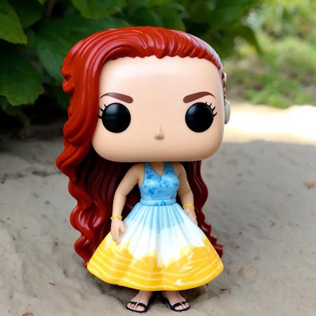 <lora:Funko Test:.7>, Funko, woman, sun dress, beach, light skin, red hair, eyelashes