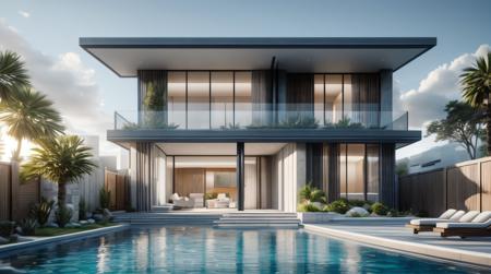 Modern Exterior design,swimimng pool on front,front facade, large windows,light coming out from window,(Octane Render:1),Photorealistic,Ultra High-res,<lora:Modern_Exterior-06:0.5>, <lora:more_details:1>