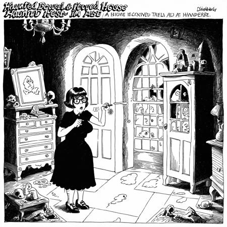 kliban-style velma dinkley searching for clues in a haunted house