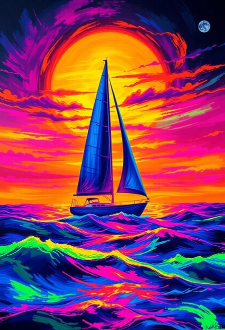 "Illustrate a vibrant, glow-in-the-dark painting of a sailboat gliding across a neon-lit ocean at sunset. The entire scene is rendered in radiant, neon paint that seems to pulse with an otherworldly energy. The sailboat's hull and sails are a deep, electric blue, while the ocean's waves are a swirling vortex of green, pink, and purple hues. The sunset sky above is a kaleidoscope of colors, with oranges, yellows, and pinks bleeding into one another. As the light fades, the painting comes alive, with the neon pigments glowing like embers, casting an ethereal light on the surrounding environment. The brushstrokes are bold and expressive, with thick, textured paint giving the image a dynamic, three-dimensional quality. The overall effect is one of mesmerizing, dreamlike beauty, as if the painting is radiating its own inner light." highest-Quality, intricate details, visually stunning, Masterpiece