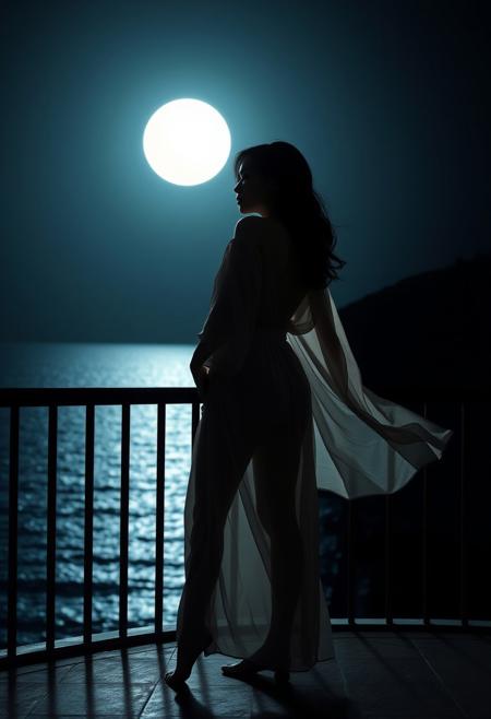 (Moonlit Whispers), Mysterious Romance, 8K Resolution: On a Southeast Asian balcony at night, the silhouette of a woman stands against an inky sky. Her slender figure is draped in a sheer silk robe that billows with each gust of wind, revealing glimpses of her curvaceous form. The moon's ethereal light bathes her in its soft glow, accentuating every contour as she stares out towards the ocean horizon. A blend of desire and enigma plays on her features, inviting viewers to unravel this captivating mystery. With 8K resolution, the intricate folds of fabric, the rippling surface of the water below, and the interplay between shadow and luminescence are rendered with breathtaking detail—a mesmerizing scene where romance meets the unknown.