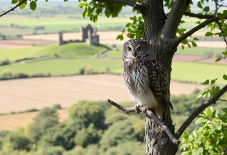 owl, looking bored, on a branch, daylight, high in a tree, plain fields in the background, rural ireland, summer, lots of green vegetation, castle ruin in the background,