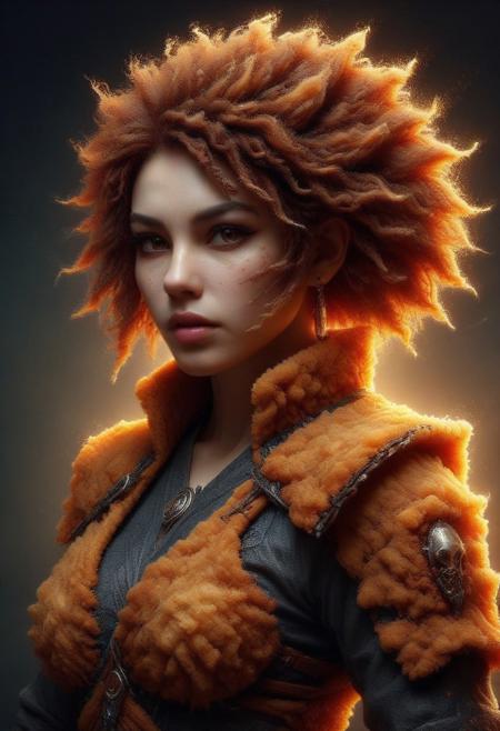 Ultrarealistic. sharp focus, dynamic lighting. play of light, Raytracing, Ultra detailed. (((DFC Style))). A beautiful female samurai warrior wearing an armor made of deep fried & crispy breading. Katana in hand. Cowboy shot. Make up.DFC, skulldog, skull head, no humans