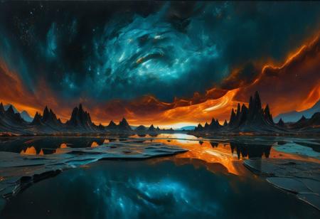 "Imagine a highly detailed, oil painting-style artwork of a surreal, cosmic landscape. In the foreground, a lone figure stands on the shore of a reflective, glass-like lake under a tumultuous sky. The sky is a whirlpool of fiery orange, rich golds, and deep teal blues, suggesting a portal or galaxy opening above. The scene is lit with a dynamic interplay of light and shadow, adding a three-dimensional quality to the swirling celestial event and the reflective water. The textures are thick and expressive, characteristic of oil paint, with visible brushstrokes that give life and movement to the composition. The landscape is alien, with dark, jagged terrain that fades into the cosmic display, and the atmosphere is one of awe and otherworldly beauty.
