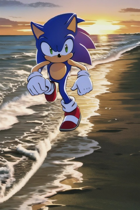  Sonic The Hedgehog, running, green eyes, red shoes, blue fur, sunset, beach