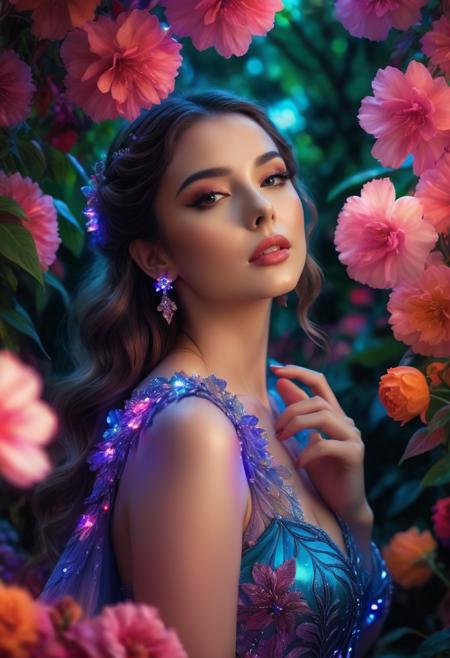 close-up, ((glowwave)) visuals, bright colorpop, cinematic lighting, hypermaximalist, extremely detailed with rich color, An image of a beautiful woman, dressed in an ethereal gown and adorned with flowers, standing at the center of a lush garden. In her hand, she holds a glowing crystal that emits a soft light, illuminating her and the surrounding area. As if by magic, the flowers around her are blooming in vivid colors, creating a mesmerizing display that is both surreal and breathtaking