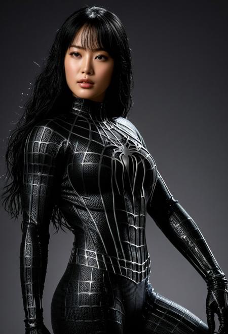 score_9, score_8_up, score_7_up, best quality, realistic, masterpiece, beautiful detail, hyperrealistic, ((1girl, woman body, big breasts)), amazing detailed full body of a cute korean girl, cute face, wearing a realistic and highly detailed black raimi spider-man suit, ((huge muscular girl)), professional model wears ultra - detailed black raimi spider - man suit, ultra - detailed and grained black raimi spiderman suit, suit covered entire body and hand, black spiderman gloves, wet, close up, black hair, variation pose, octane render, highly detailed, volumetric, dramatic lighting, (highest quality:1.1), (HDR:1.3), (top quality, best quality), realistic, high definition, masterpiece, 8k, best quality, best illumination, best shadow, an extremely delicate and beautiful, finely detail, depth of field, classic, highres, perfect lighting, black background, from below, close up,