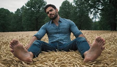 a highly detailed full shot of handsome man sitting  on field wheat, footpose,solo in summer flannel shirt,nicely posed, rural life,  foot focus,body symmetry, nature landscape at farm house, barefoot, male soles, inspired by Tyler Hoechlin, Ilford HP5+ 400, 50mm, pixiv,   highly detailed, high budget,  epic, gorgeous, film grain <lora:footpose-11v_sdxl_lora-000028:1>