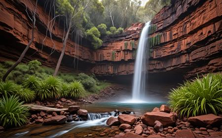 Stable_Yogis_PDXL_Positives,,The cascading waterfalls in Karijini National Park, surrounded by rugged red cliffs and lush greenery, The scene is captured in the early morning light, with mist rising from the falls, The mood is refreshing and invigorating, highlighting the raw beauty of Australia's natural landscape,, score_9, score_8_up, score_7_up