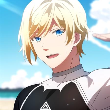 1boy, solo focus, muscular male, bodysuit, black and white wetsuit, blonde hair, blue eyes, sho akitsuki <lora:Sho_Akitsuki_RT:0.7>, beach, standing, facing viewer, wet, wet hair, arms behind head,