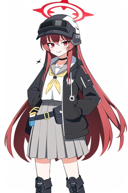 komakaze rabu, 1girl, solo, long hair, looking at viewer, smile, skirt, simple background, red eyes, hair between eyes, very long hair, school uniform, red hair, pleated skirt, boots, choker, black gloves, belt, black footwear, black jacket, halo, helmet, bandaid, pouch, yellow neckerchief, belt pouch, <lora:Komakaze Rabu-000015:0.8>, cowboy shot