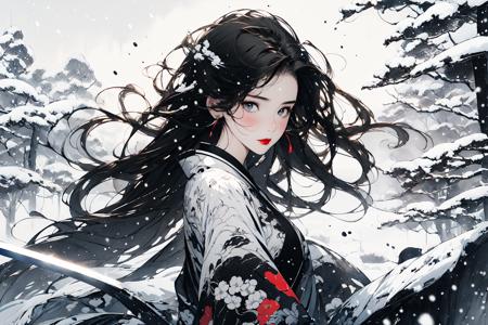 (masterpiece:1.2), best quality,PIXIV, Chinese ink painting,
1girl, solo, black hair, long hair, weapon, sword, looking at viewer, jewelry, earrings, upper body, katana, wind, red lips, closed mouth, floating hair, brown eyes, rain, outdoors, snowing, snow, blush, sheath, grey eyes
 <lora:Chinese ink painting_20230725110925-000018:0.9>